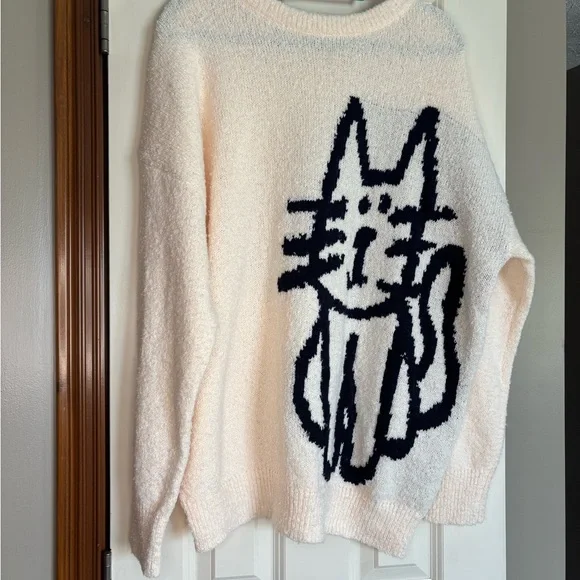 NWOT Cream Sweater with Cat Design - Picture 1 of 2